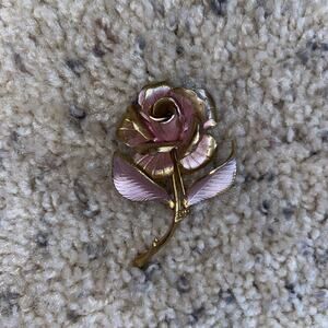 Cerrito Pink Enamel Rose Flower Pin Brooch Gold Tone Flower Power Vintage